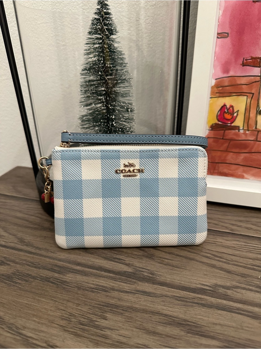 NWT Coach Corner Zip Wristlet With Gingham Print And Charm CEX59 Blue Multi
